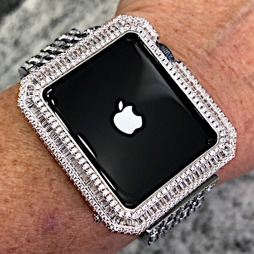 New Apple Watch Case white gold with lab diamond baguette + rounds Various sizes
